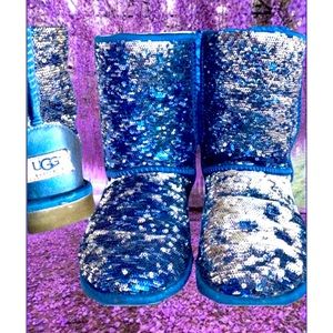 Ugg Classic Short Sequins Sparkle Boots Blue Silver Reversible